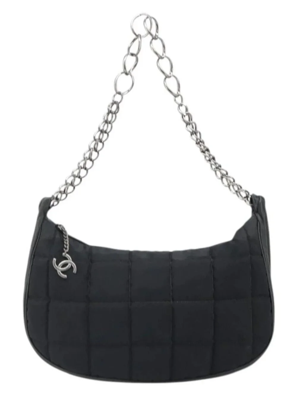 CHANEL Choco Bar Chain Shoulder Bag Nylon Black Silver CC Auth 118385